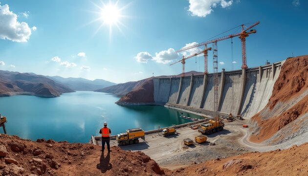 Engineer oversees huge dam construction by lake in sunny mountains. Heavy machinery operates on site. Water resource development project with cranes, trucks visible. New infrastructure building for