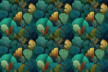 seamless pattern .  A vibrant and textured artistic display featuring overlapping leaves of varying shades of green and gold, creating a visually engaging and harmonious design.