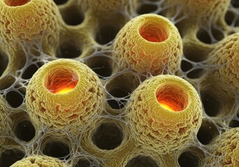 Extreme closeup of pollen grains, showing their intricate, porous surface structure and vibrant yellow color under magnification