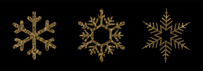 Merry Christmas. Exquisite golden snowflakes made of glittering tinsel.