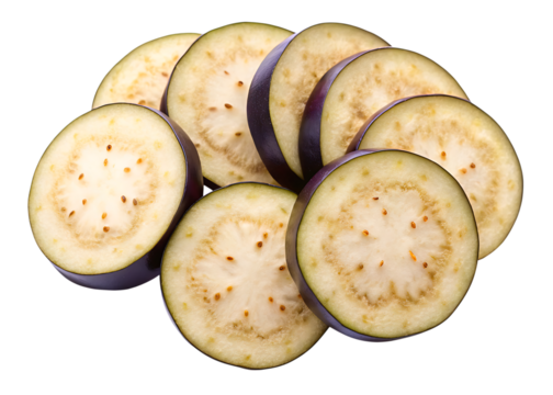 Freshly sliced eggplant rounds top view isolated culinary ingredient ready for cooking and healthy eating