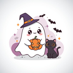 ute Ghost with Pumpkin and Black Cat &ndash; Halloween Illustration