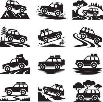 Off Road Adventure Car Icons Vehicle Silhouettes and Outdoor Terrain