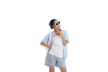 Contemplative Moment: A stylish individual, adorned with sunglasses, pauses, hand to chin, lost in thought. Capturing a moment of quiet reflection, a pause.