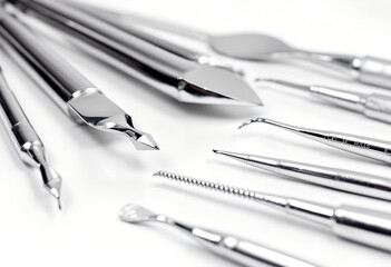 Close-up of various dental tools and instruments on a white background.