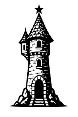 Obraz premium Enchanting Fantasy Castle Turret with Majestic Star Spire, Intricate Stonework, Arched Windows, and Grand Entrance Steps - A Whimsical Medieval Architectural Icon for Fairytale Designs, Logos, and Cre