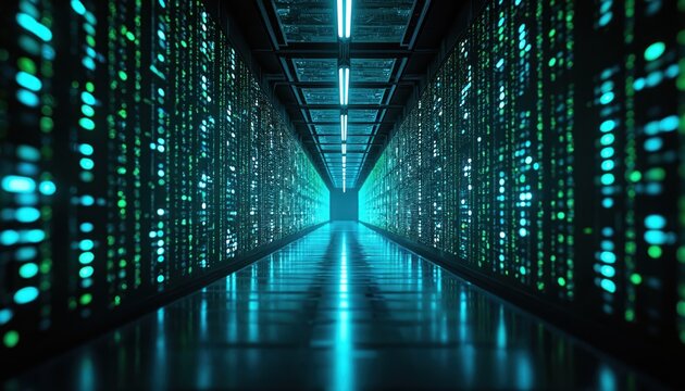 Rows of glowing computer servers. Data streams flow endlessly through dark server room. Digital information pulses in blue, green light. Futuristic technology with network connections. Advanced data