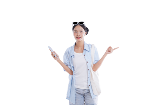 Girl with the tablet pointing: A young lady, light hair and wearing casual wear,  is shown gesturing and looking toward viewer, presenting to show side or suggest with smart gadget in hand