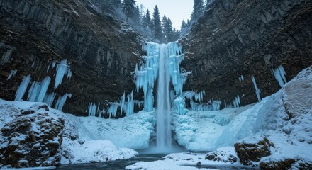 Dramatic Winter Waterfall with Striking Blue Icicles and Snow-Dusted Pines.