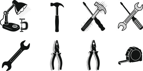 Black silhouette vector of hand tools, hammer, wrench, pliers, screwdriver, lamp, tape measure, repair equipment, construction illustration