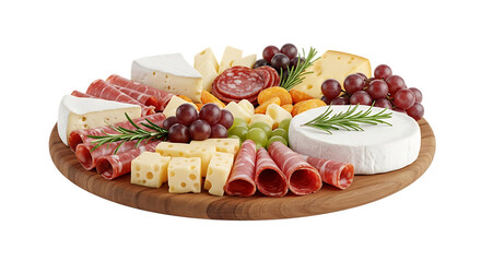 Wooden board, with assorted cheeses cured meats and grapes garnished with rosemary sprigs, isolated on white or transparent background. PNG