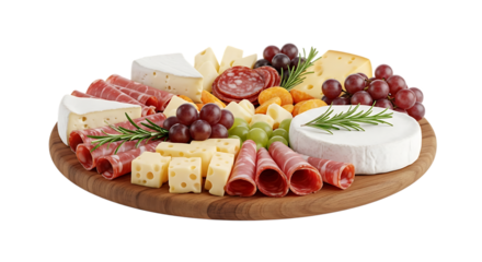 Wooden board, with assorted cheeses cured meats and grapes garnished with rosemary sprigs, isolated on white or transparent background. PNG