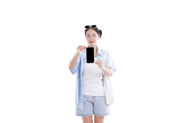 Mobile display: A stylish individual presents a blank mobile phone screen, holding it out in a clean and minimalist setting, capturing the simplicity and showcasing technology.