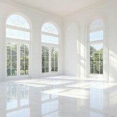 Fototapeta premium Elegant Interior: A beautifully lit, spacious room bathed in natural light, showcasing large arched windows that frame lush greenery outside, enhancing the serene and airy ambiance of the space.