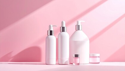 Elegant White Cosmetic Product Lineup on Soft Pink Backdrop with Gleaming Light Streaks Minimalist Style Studio Shot