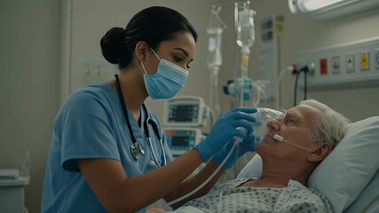 Nurse Attends To Elderly Patient In Hospital Room With Oxygen Mask - Powered by Adobe