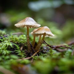 Mystical Mushroom: A close-up view of a cluster of mushrooms. Their delicate caps are gracefully illuminated, resting amidst a vibrant carpet of moss.