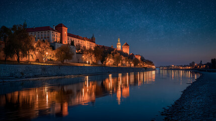 Fototapeta premium High-resolution banner, Wawel Castle at night, illuminated walls