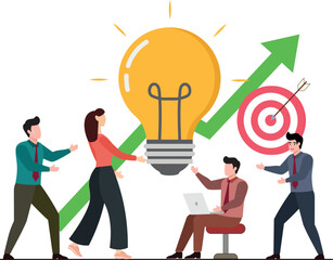 Business ideas concept. Business people discussion, research and expand information to increase growth management, improving goals for business success. Flat vector illustration with copy space.
