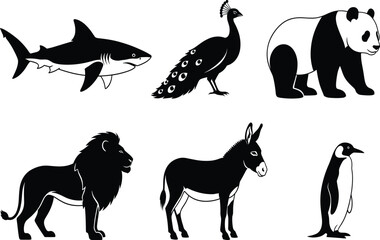 Animal illustration vector set, shark, peacock, panda, lion, donkey, penguin, black and white wildlife icons, side profile