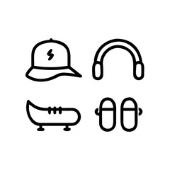 Icon set featuring a cap, headphones, ice skate, and pair of flipflops