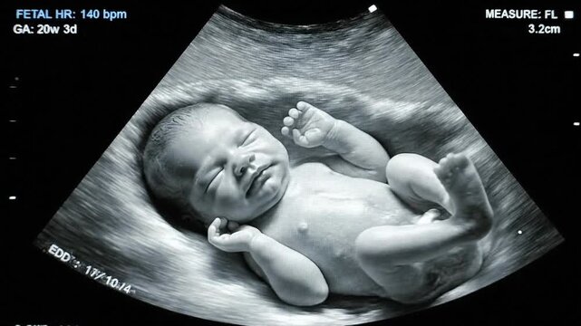 Detailed Medical Ultrasound Scan of a 20-Week Fetus Peacefully Resting in the Womb with On-Screen Biometric Data.
