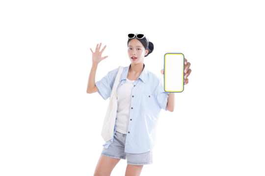 Smart Display in Hand: A young woman with sunglasses and a travel bag showcases a blank smartphone screen, radiating anticipation and potential. The image captures the spirit of connectivity.