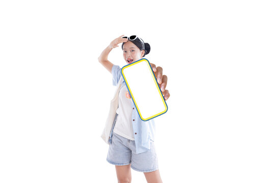 Showcasing Technology: A young woman presenting a modern smartphone with a blank screen, showcasing innovative technology and digital communication.