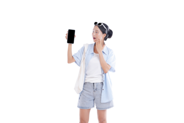 Woman with Mobile Phone in Hand: A woman holds up a mobile phone with an empty screen, expressing curiosity and wonder, perhaps examining a new application or an interesting social media post.