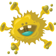 A funny yellow cartoon monster with spikes and six horns on a transparent background