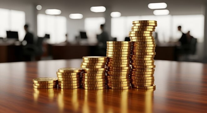 Golden coins stacked high in modern office symbolizing financial growth