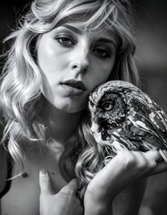 Woman with Owl Portrait in Black and White