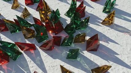 Realistic 3D Abstract Background of Red Green Gold Gems Scattered On White Surface - Powered by Adobe