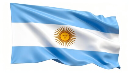 Photorealistic image of the flag of Argentina with light blue and white stripes, and a golden Sun of May in the center. Isolated on a white background.