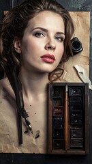 Woman with quill pen and ink accessories