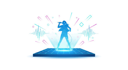 Silhouette of a singer performing on a glowing stage with sound waves.