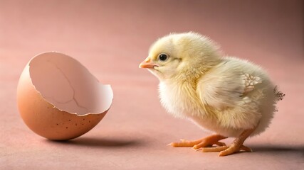 Adorable fluffy yellow chick stands next to its broken eggshell on a soft pink background symbolizing new life and beginnings
