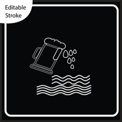 A minimalist white line icon depicting a foamy beer mug being tilted to pour liquid drops into wavy lines below, set against a square black background. This bold, high-contrast, editable stroke symbol