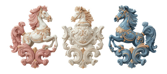Ornate 3D Horse Sculptures with Decorative Elements and Colors