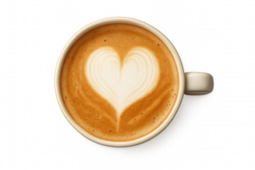 Latte art creating a heart shape in a ceramic coffee cup, a symbol of love and warmth, on transparent background