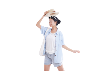 Sunshine Ready: A radiant woman, shielded by a straw hat and chic sunglasses, revels in the sunshine. Her casual outfit exudes a laid-back elegance, perfect for a sunny day.