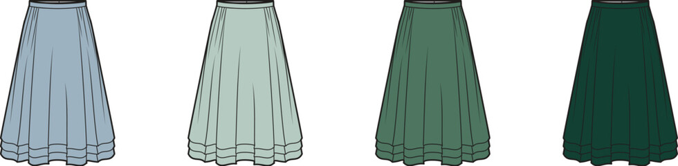 Elegant vector illustration set of four pleated long maxi skirts in a sophisticated green and blue gradient color palette for fashion design