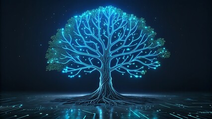 Glowing digital tree with intricate circuitry branches and roots representing artificial intelligence technology and the interconnectedness of data in a futuristic concept