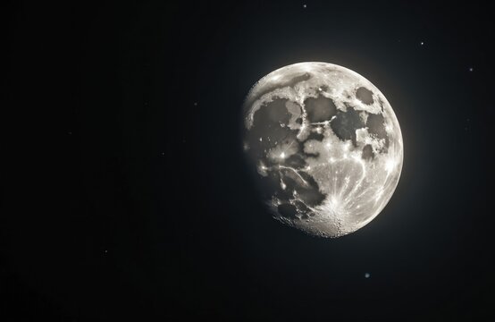Full moon looms large against starry night sky. Detailed lunar surface visible with craters and maria illuminated by suns glow. Celestial orb floats in vast darkness, offering cosmic beauty.