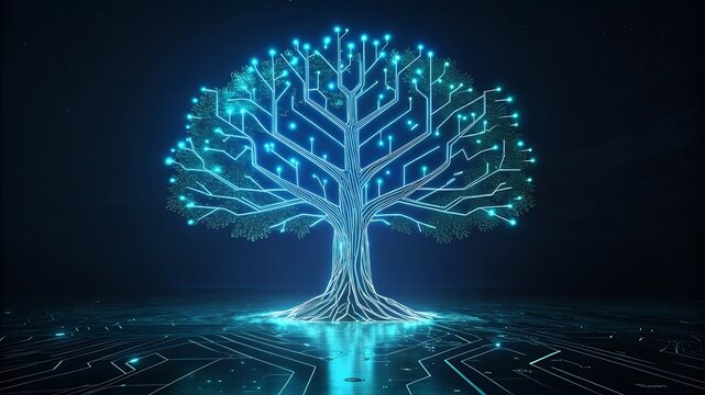 Luminous digital tree of life composed of glowing circuit board elements and data streams on a dark futuristic background symbolizing technology and growth