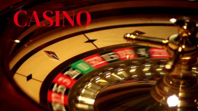 A spinning gold roulette wheel with a white ball in motion and Casino text animation in the style of a luxury casino.