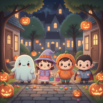 Cute Cartoon Illustration Children Trick-or-Treating in Halloween Costumes in a Neighborhood at Night