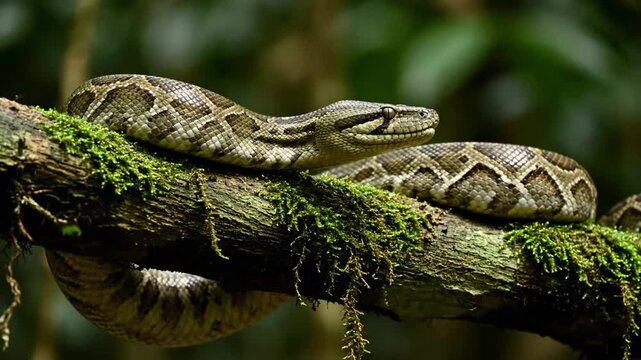 Snake lies calmly on green moss-covered branch, surrounded by dense foliage in vibrant rainforest. Concept of wildlife, nature conservation, animal photography