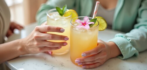 Fototapeta premium Women with pastel nails hold refreshing drinks with mint, lemon slices. Two friends relax at chic salon with iced beverages. Enjoying leisure time sipping cocktails, feeling pampered, refreshed.