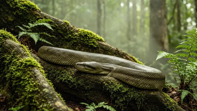 Green python lies peacefully on moss-covered log in lush green forest. Soft light creates tranquil atmosphere among trees. Concept of wildlife, animal behavior, nature conservation